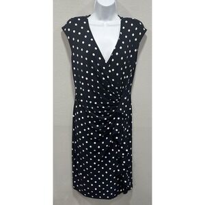 American Living Women 12 NavyBlue Polka Dots Ruched Ruffle Midi Dress Sleeveless